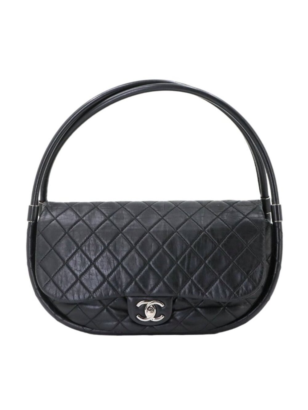Chanel Quilted Hula Hoop Hand Bag Lambskin Black Silver Bag